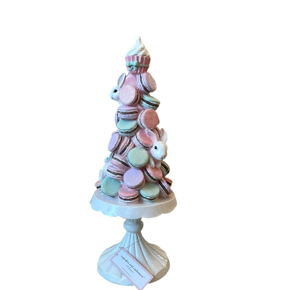 Cupcakes & Cashmere Pastel Easter Macaron Tree Cake Bunnies on Pedestal NWT